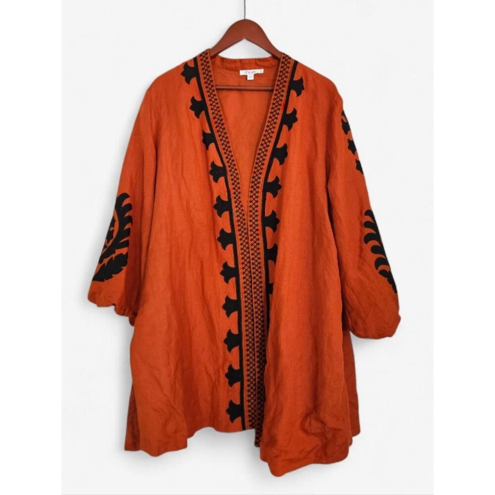 Chico's Linen Blend Oversized Terracotta Tribal Embroidered Open-Front Jacket 3